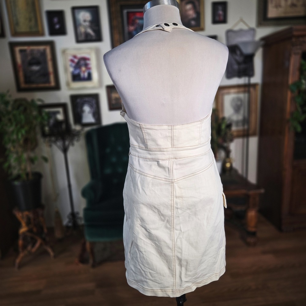 Urban Outfitters Cream Denim Halter Mini Dress Cargo Pocket Bustier Size L - Picture 3 of 8